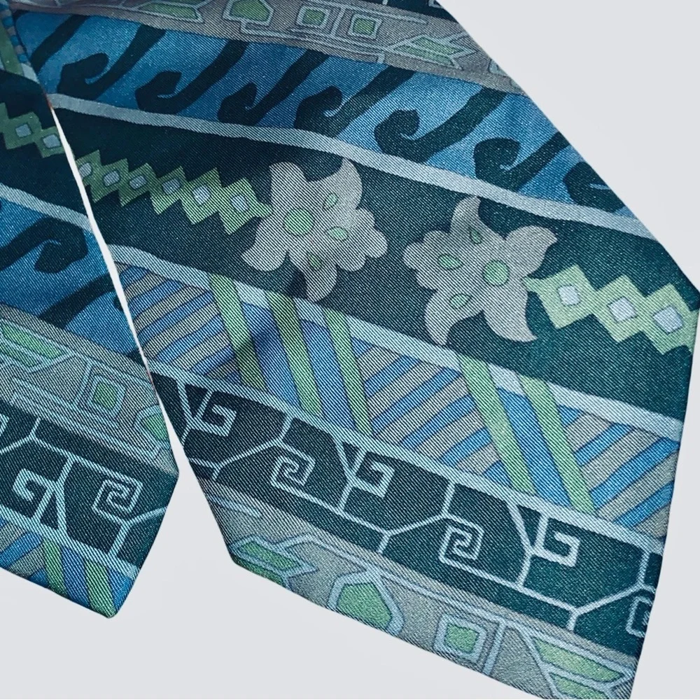 Christian Dior Vintage 1990s Monsieur Tie Geometric & Floral Print Green &Blue